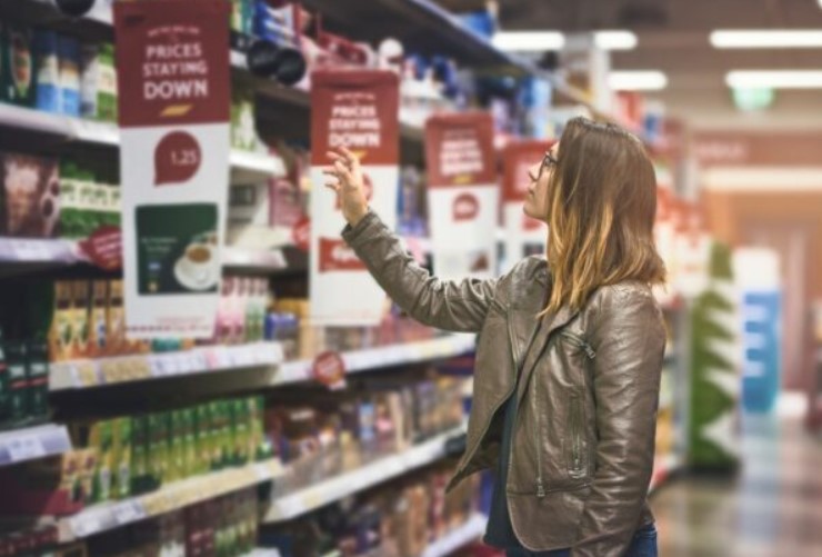 Shopper journey at grocery store looking for food product