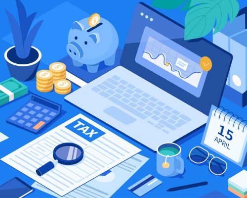 Office Desk with  Documents for Tax Calculation. Finance Report with Graph Charts. Calendar show Tax Payment Date. Accounting and Financial Management Concept. Flat Isometric Vector Illustration.